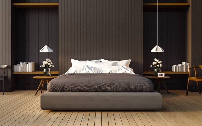 camera da letto moderna con parquet afromosia di colore bruno